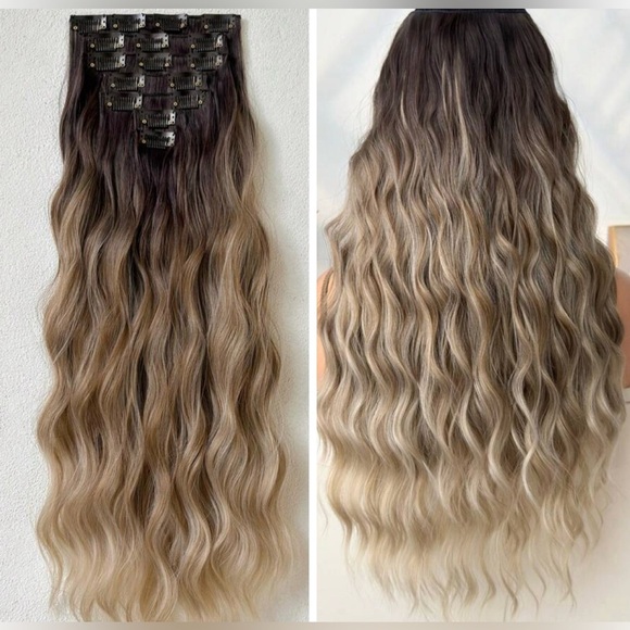 BALAYAGE ASHY BLONDE CLIP IN HAIR EXTENSIONS 22 in Human blend - Picture 1 of 9